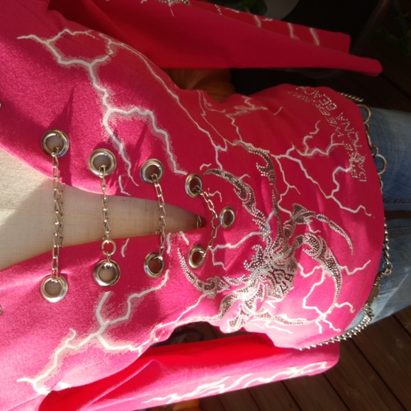 VANCE BIKERWEAR ♡ Pink L|S Spiders|Volts Graphics Studs|Rhinestones|Chains Top S - Picture 7 of 17